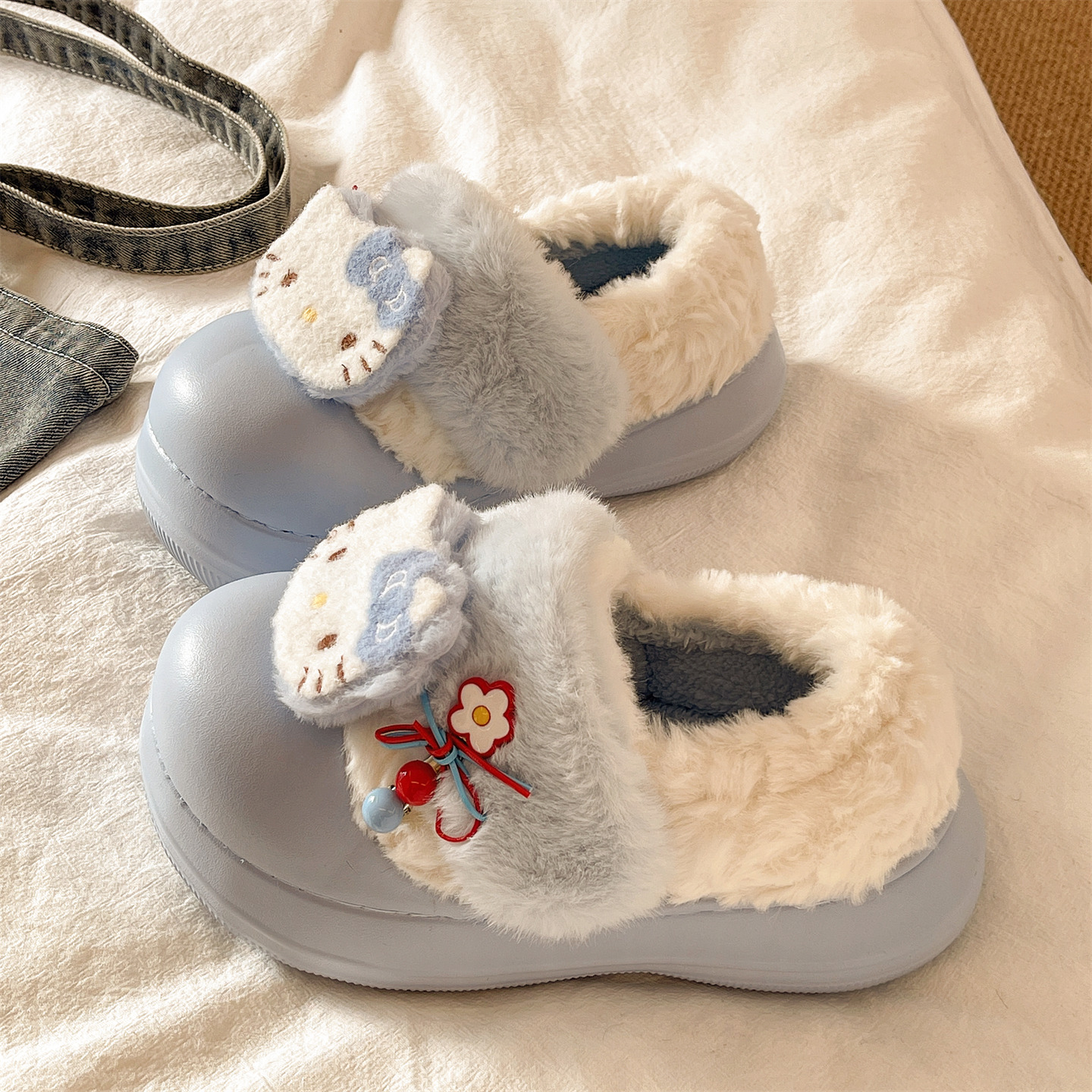 可爱猫咪厚底保暖包跟棉鞋