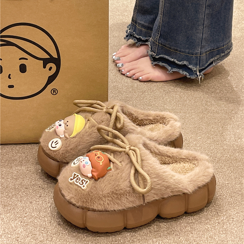 可爱男女孩毛绒高跟棉拖鞋