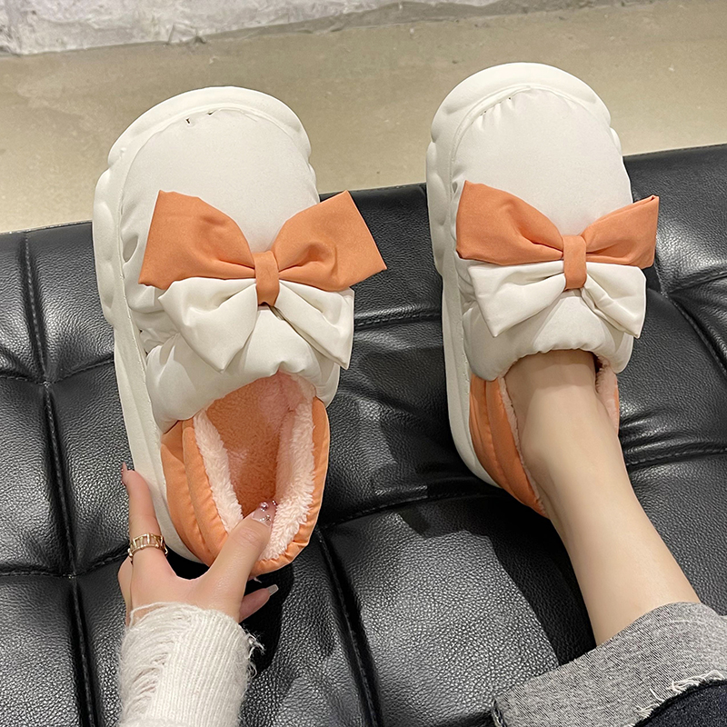 可爱蝴蝶结厚底防水棉拖鞋可外穿
