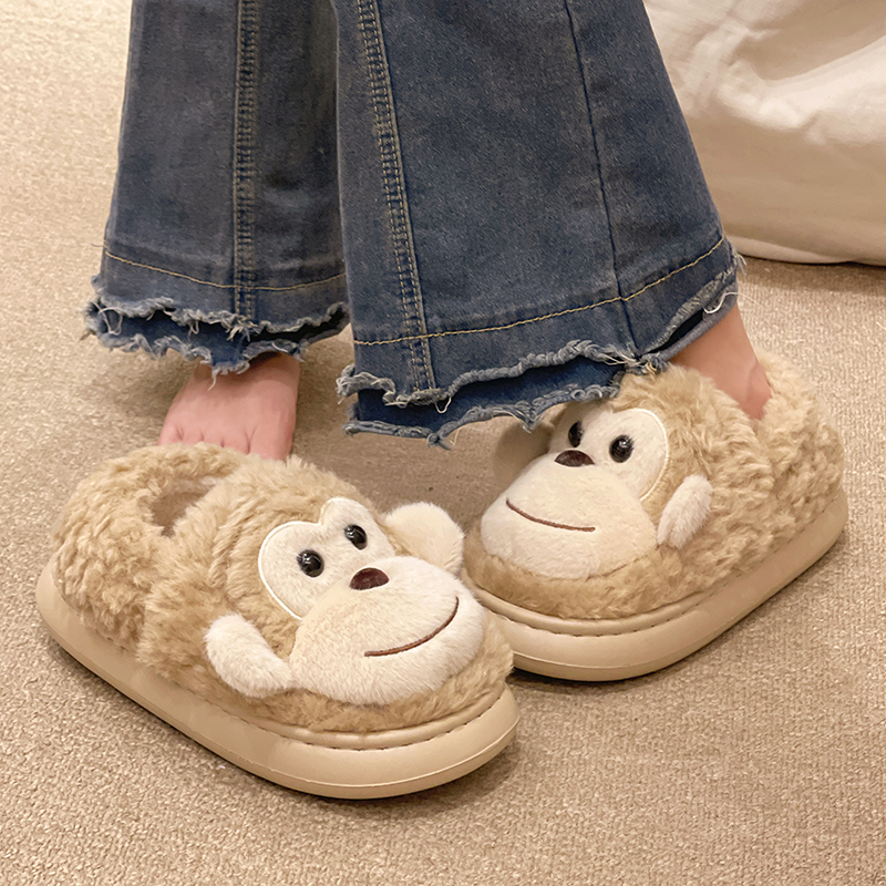 卡通可爱猴子毛绒棉拖鞋