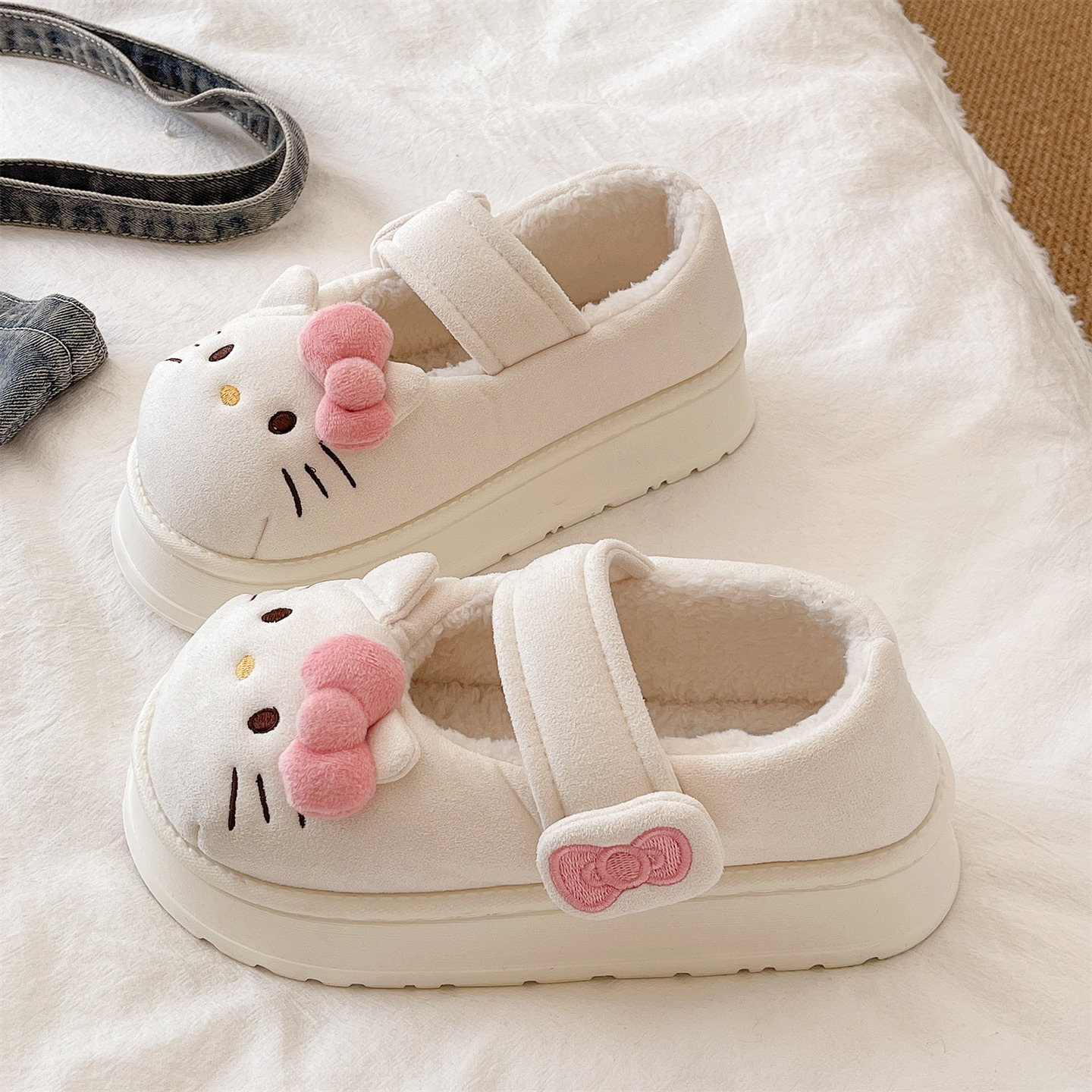 可爱小猫厚底加绒包跟棉拖鞋