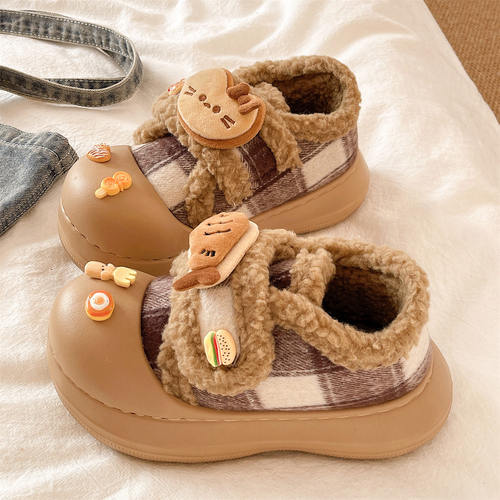 可爱猫鱼格子魔术贴棉拖鞋