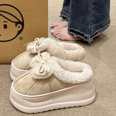 可爱高跟蝴蝶结包头毛毛鞋