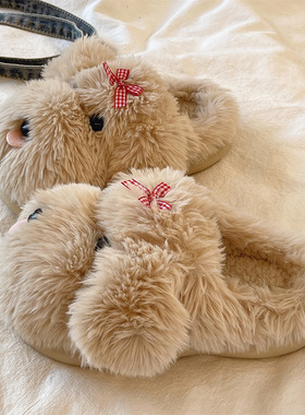 月子棉拖鞋女款冬季可爱蝴蝶结小狗居家室内毛绒保暖防滑毛毛拖鞋