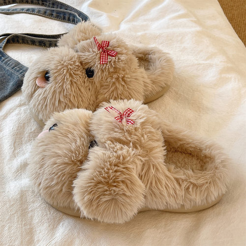可爱蝴蝶结小狗毛毛棉拖鞋
