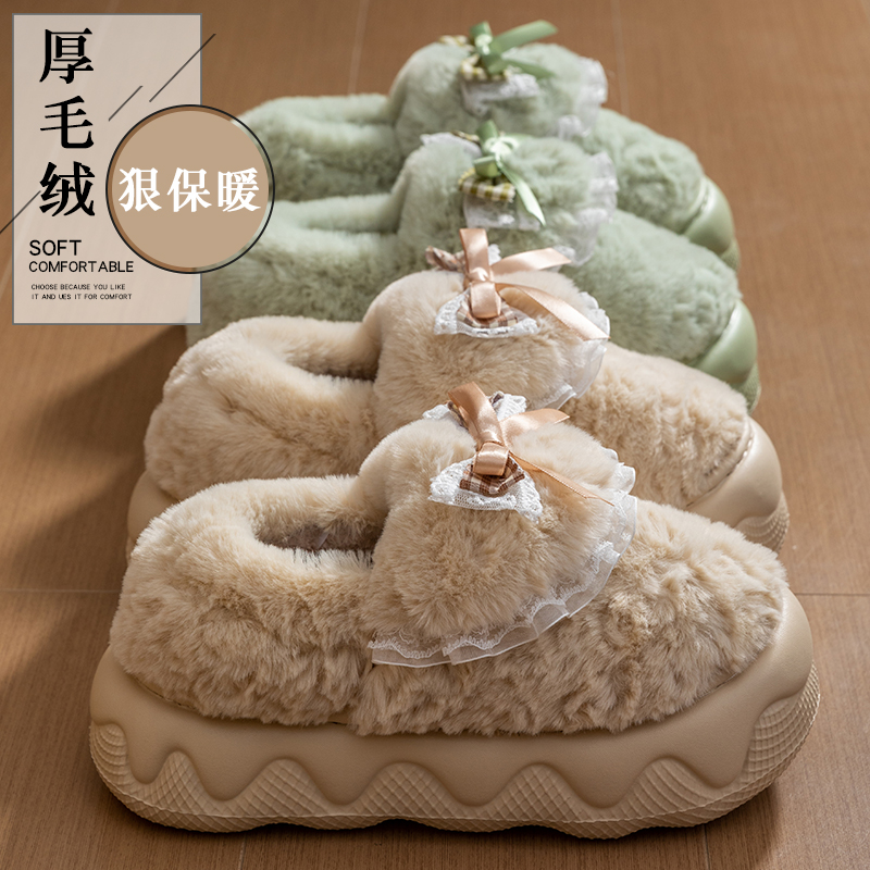 可爱蝴蝶结厚底包跟棉拖鞋