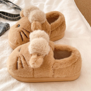 棉拖鞋女款冬季可爱猫咪蝴蝶结家居室内防滑保暖毛绒月子包跟棉鞋