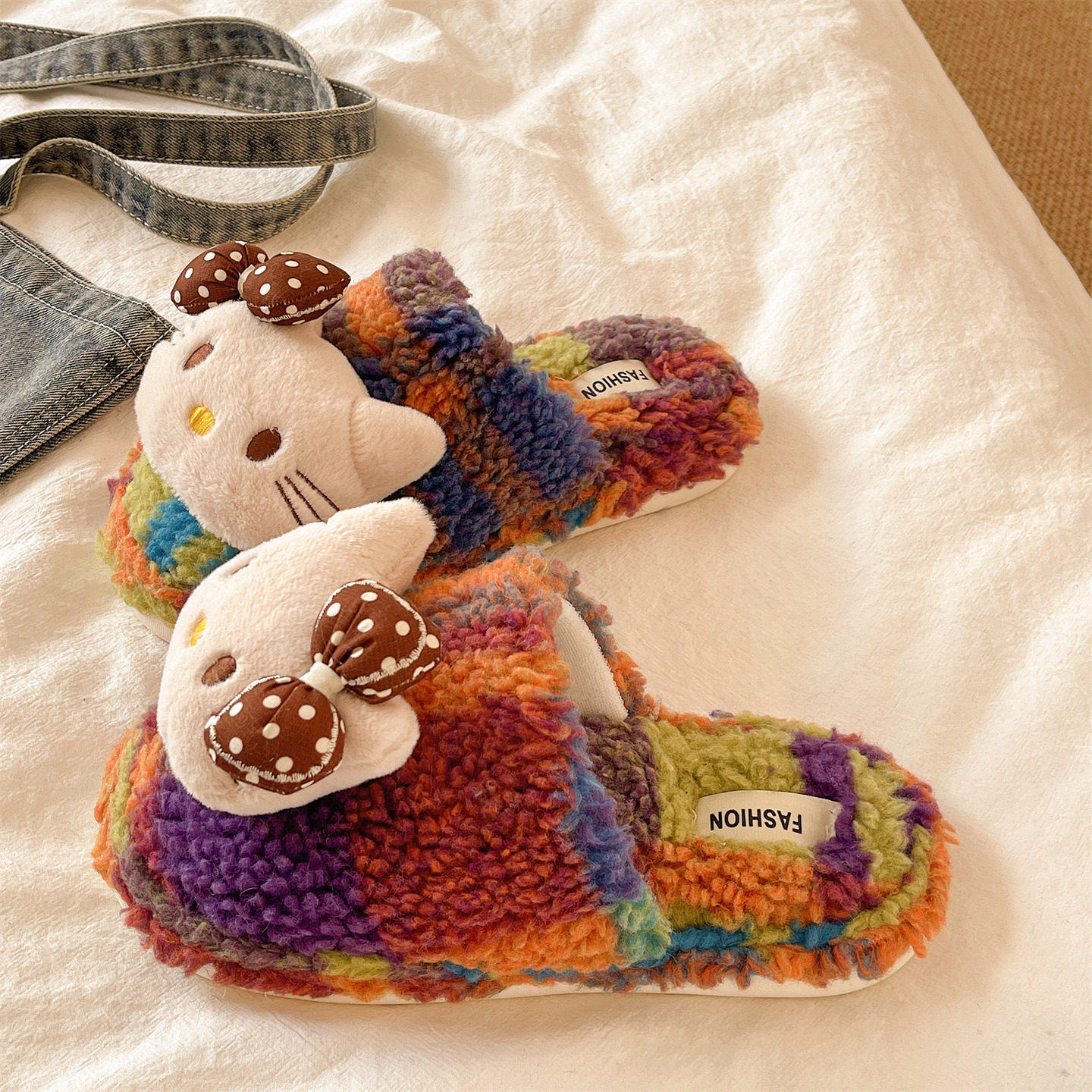 厚底防滑毛毛拖鞋女冬季可爱卡通猫咪拼色居家保暖毛绒家居棉拖鞋,女鞋,毛毛鞋,淘宝优惠券,粉丝福利购,淘宝优惠卷