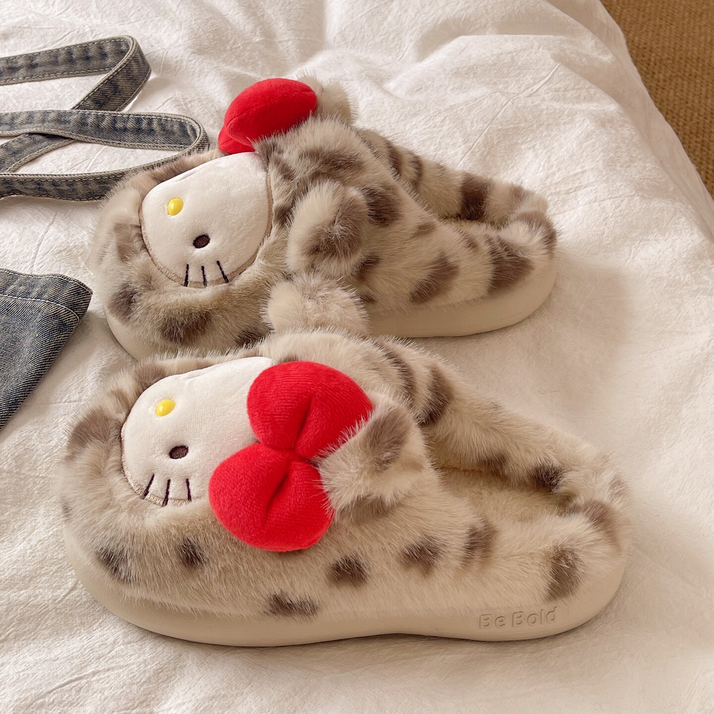 豹纹棉拖鞋女秋冬季可爱蝴蝶结猫咪室内居家防滑加绒保暖毛毛拖鞋
