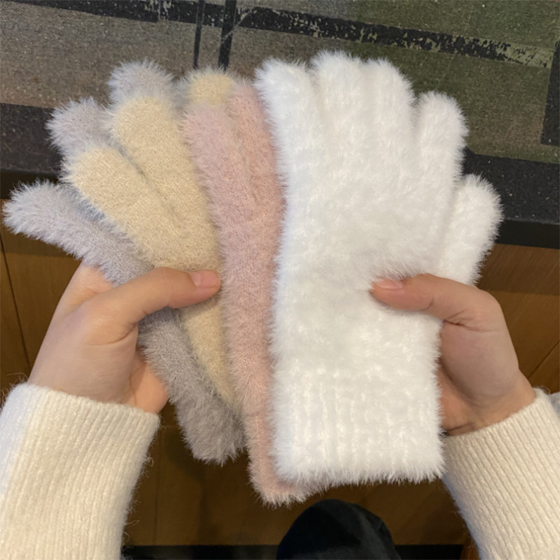 针织毛线毛绒彷兔毛手套女冬季学生ins可爱加绒保暖骑车防寒五指