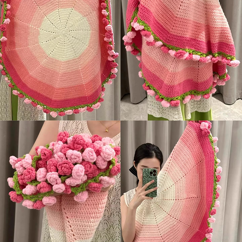 渐变色玫瑰花毯子材料包毛线花束