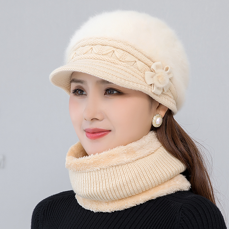 帽子女秋冬时尚洋气妈妈帽中老年人兔毛加绒保暖围脖两件套毛线帽
