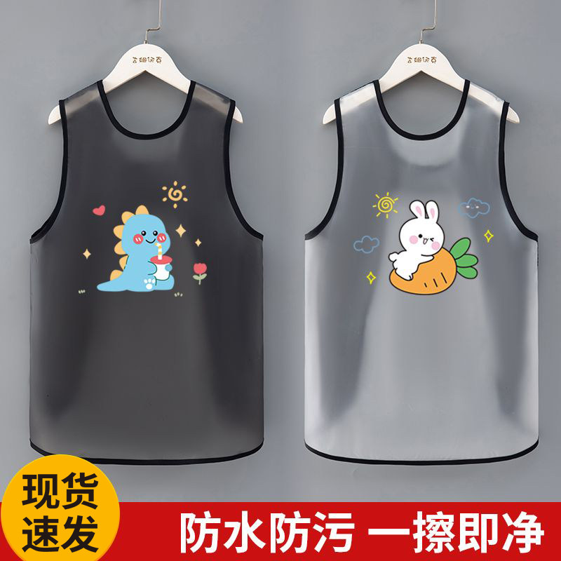 儿童罩衣防水夏天围裙无袖反穿画画衣婴儿辅食饭兜吃饭围兜魔术贴图片