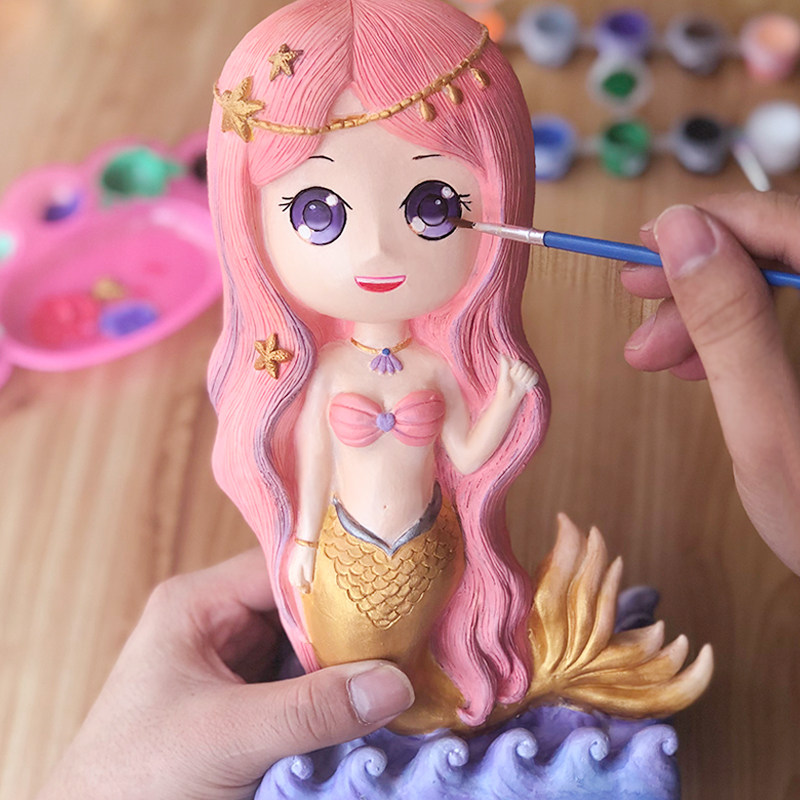 原创美人鱼公主石膏娃娃涂色儿童手工diy彩绘涂鸦搪胶存钱罐白坯