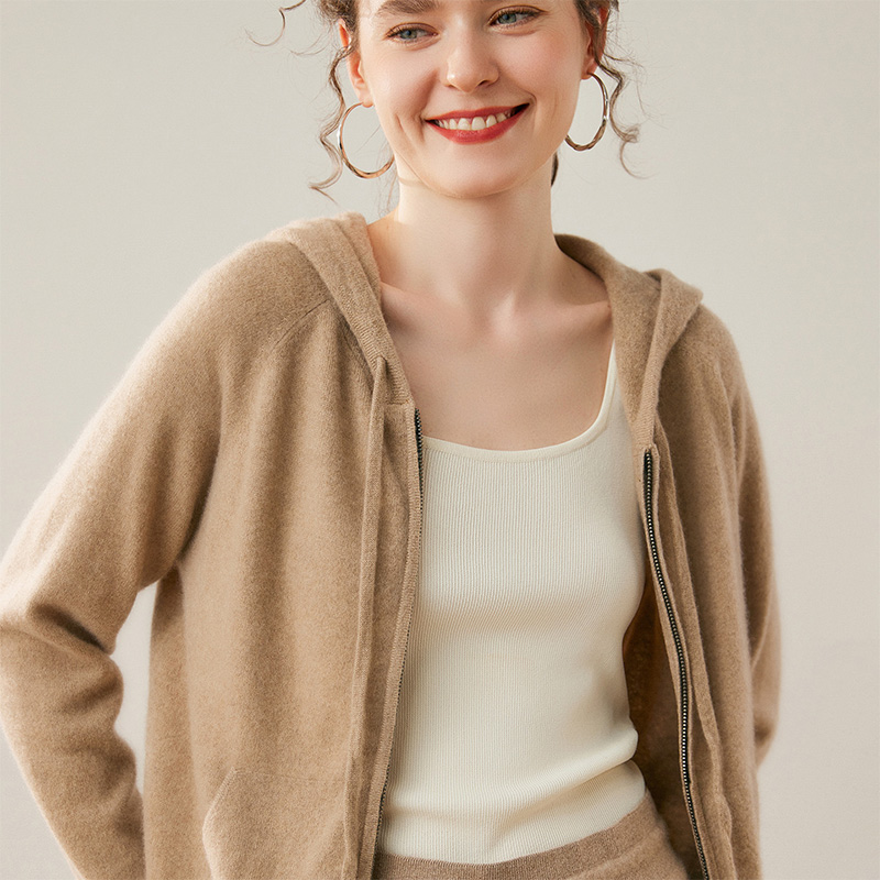山羊绒衫女拉链开衫连帽卫衣带兜