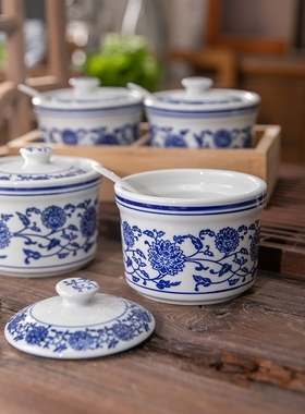 古雅青花瓷釉下彩调味罐商业陶瓷辣椒油罐盐罐糖罐家用厨房罐带勺