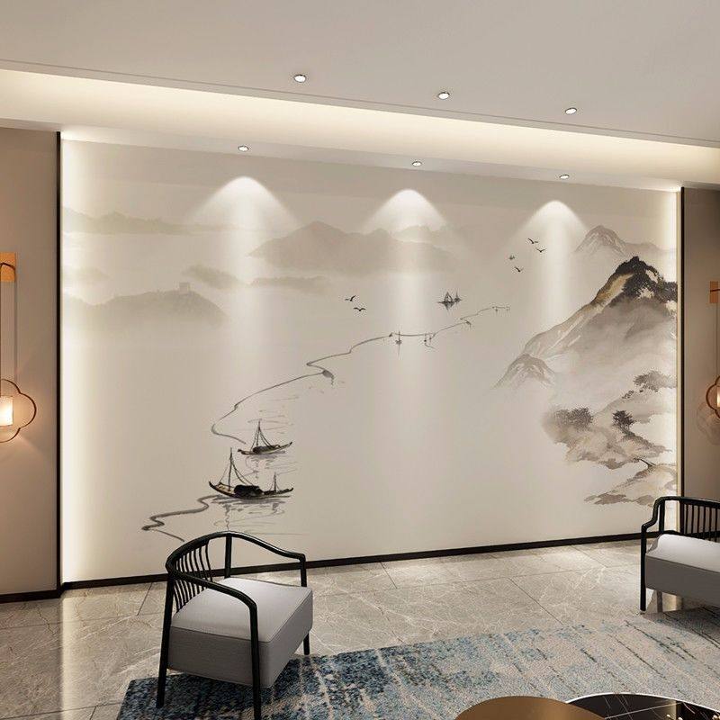新中式电视背景墙3d立体山水壁画客厅沙发卧室墙布壁纸轻奢中国风_虎窝淘