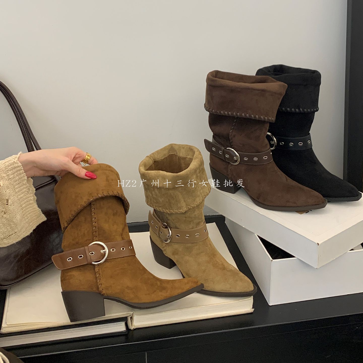 HZ2实拍可翻折两穿长筒骑士靴女绒面粗跟西部靴堆堆靴时装中筒靴