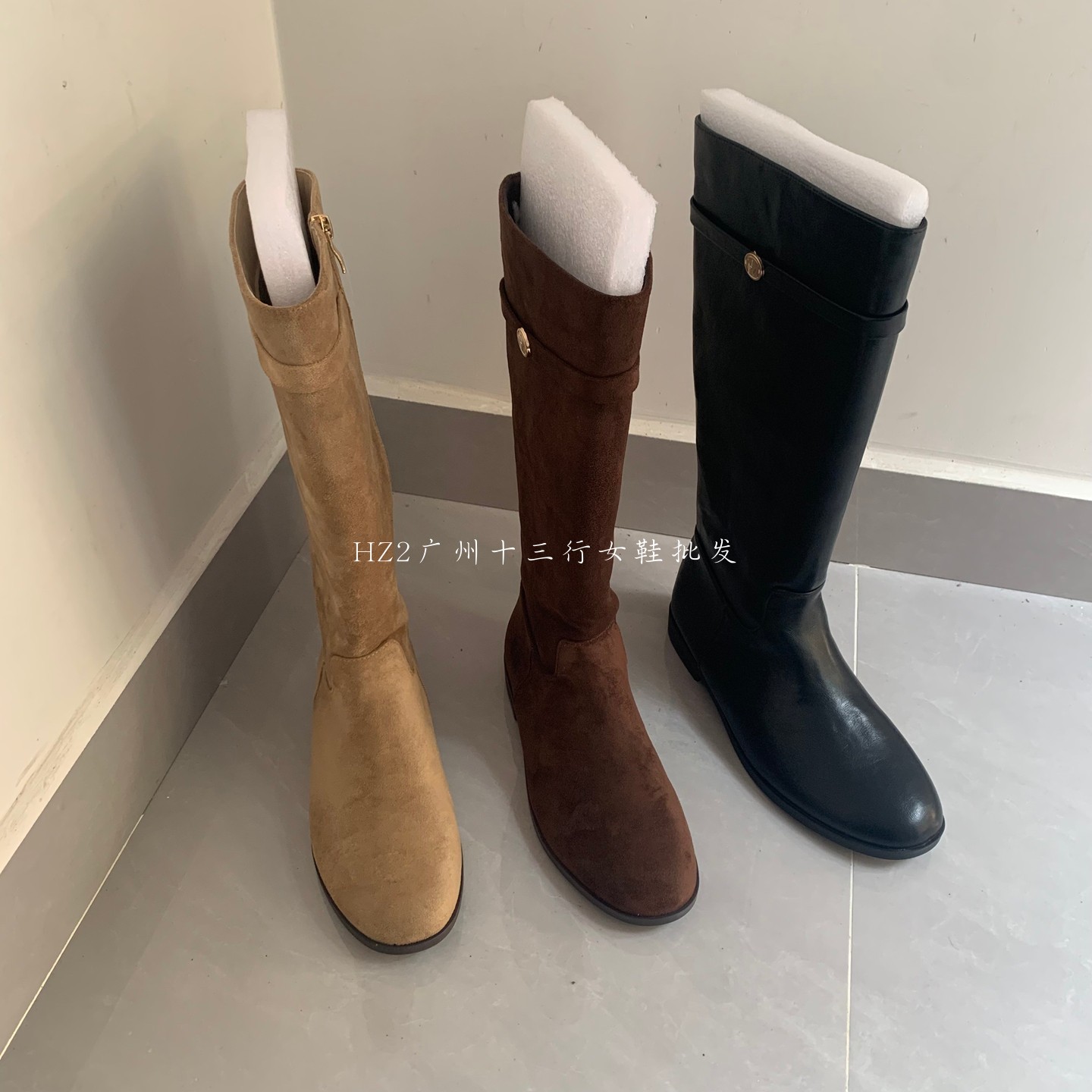 韩版圆头粗跟长筒靴女绒面冬季百搭骑士靴不过膝高筒靴加绒