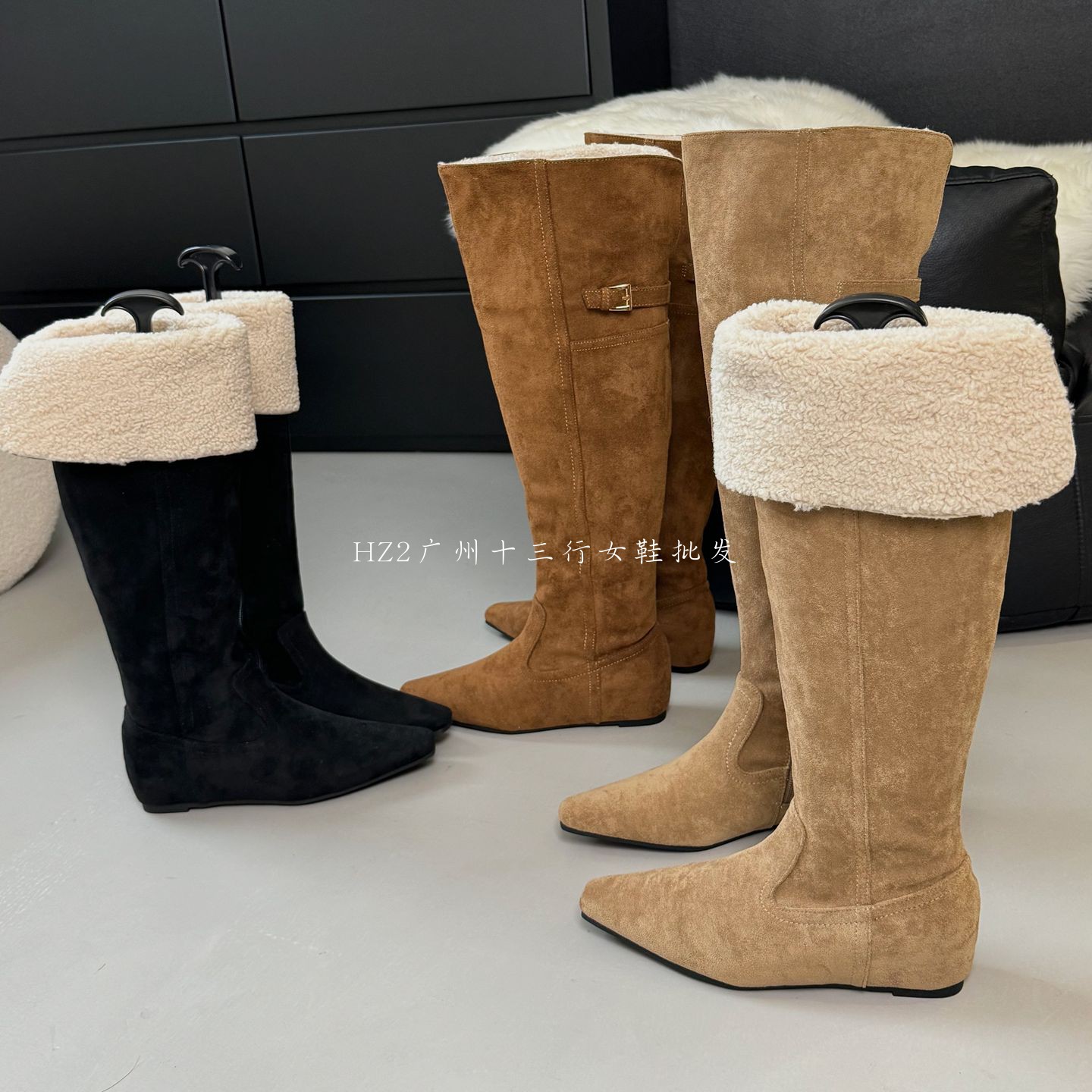 HZ2实拍复古磨砂皮可翻折堆堆长筒靴女2025新款尖过膝时装高筒靴