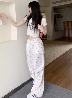 RNBN夏季薄款白色印花休闲裤女宽松直筒碎花阔腿裤垂感拖地长裤