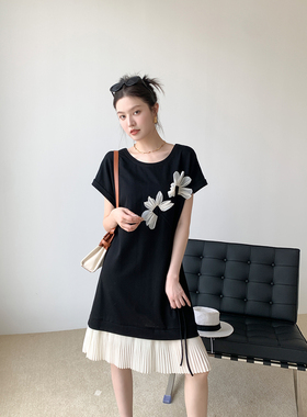 K姐KSOEUR【重工花朵裙】冰爽棉针织立体花拼接百褶连衣裙女