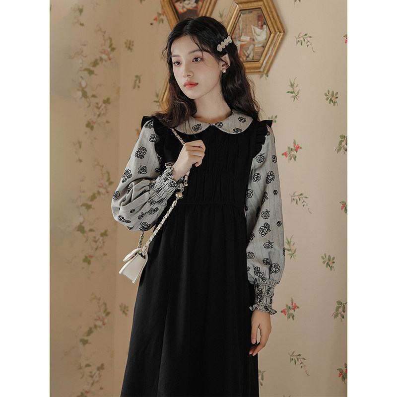 半口仙气2023年秋季新款女装娃娃领长袖拼接假两件显瘦气质洋装