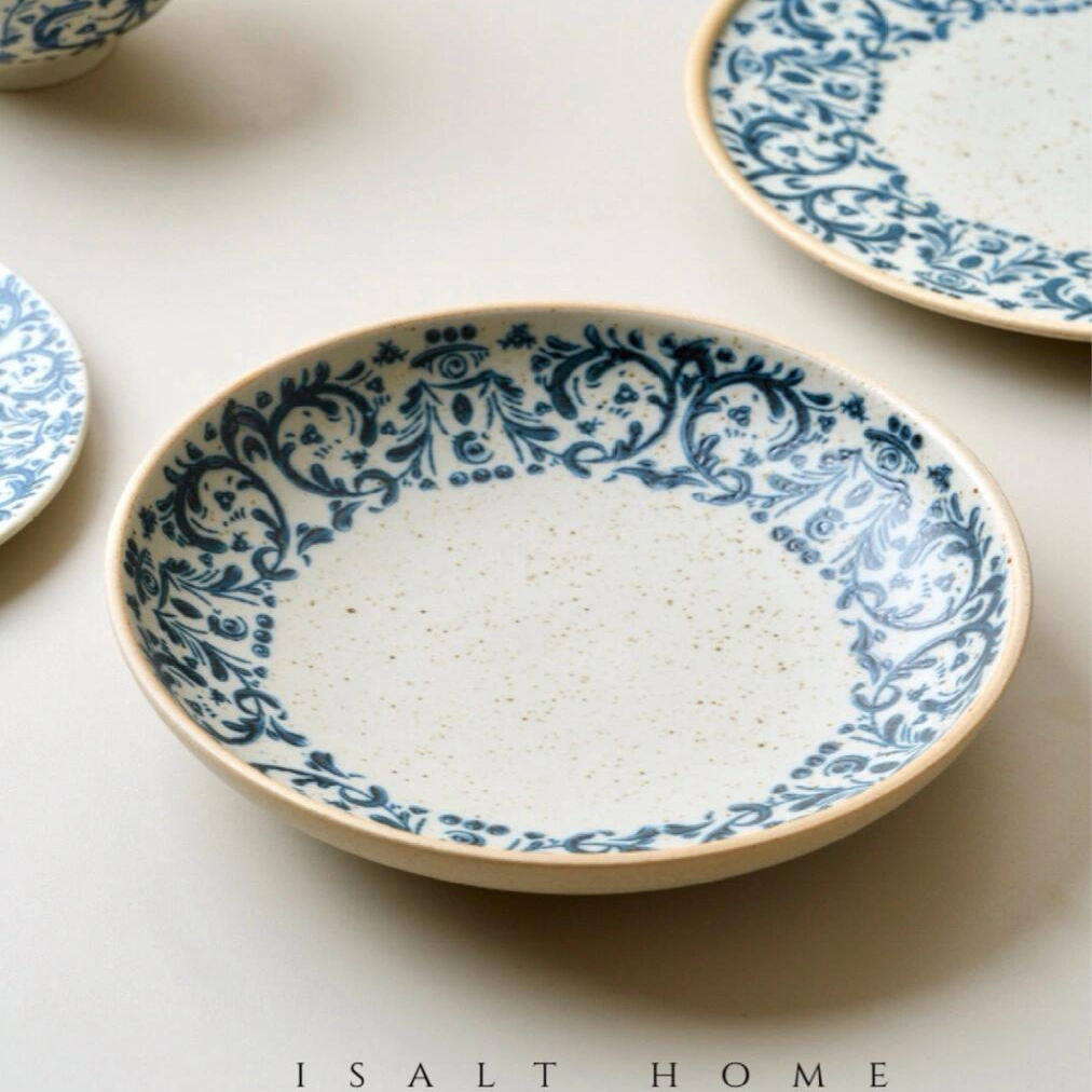 手作鸢尾花深盘.粗陶青花汤盘早餐盘家用菜盘甜品点心盘/出丹麦