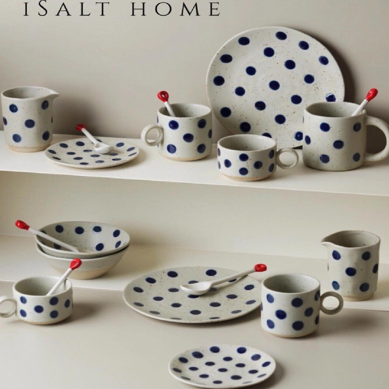 北欧粗陶青花波点餐具碗盘碟