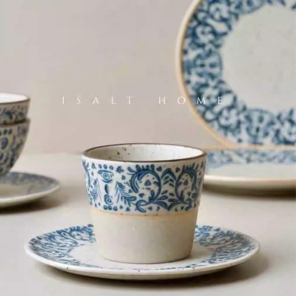 手作鸢尾花猪口杯粗陶青花