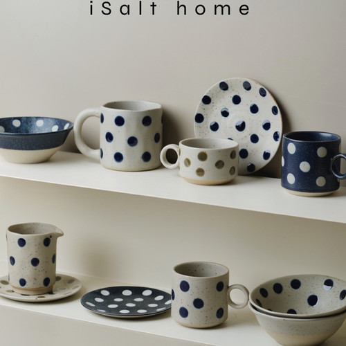 北欧粗陶沙釉蓝波点餐具