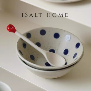 手作蓝宝石碗.粗陶青花波点燕麦碗早餐甜品碗饭碗复古创意/出丹麦