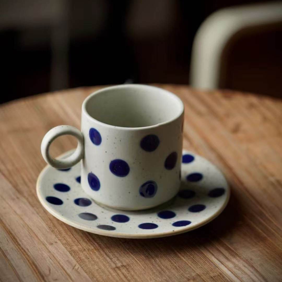 手作蓝宝石牛奶杯.粗陶青花波点咖啡杯拉花杯水杯下午茶杯/出丹麦