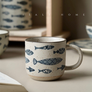 手作鱼群赶海杯子.粗陶青花咖啡杯拉花杯陶瓷杯牛奶杯水杯/出丹麦