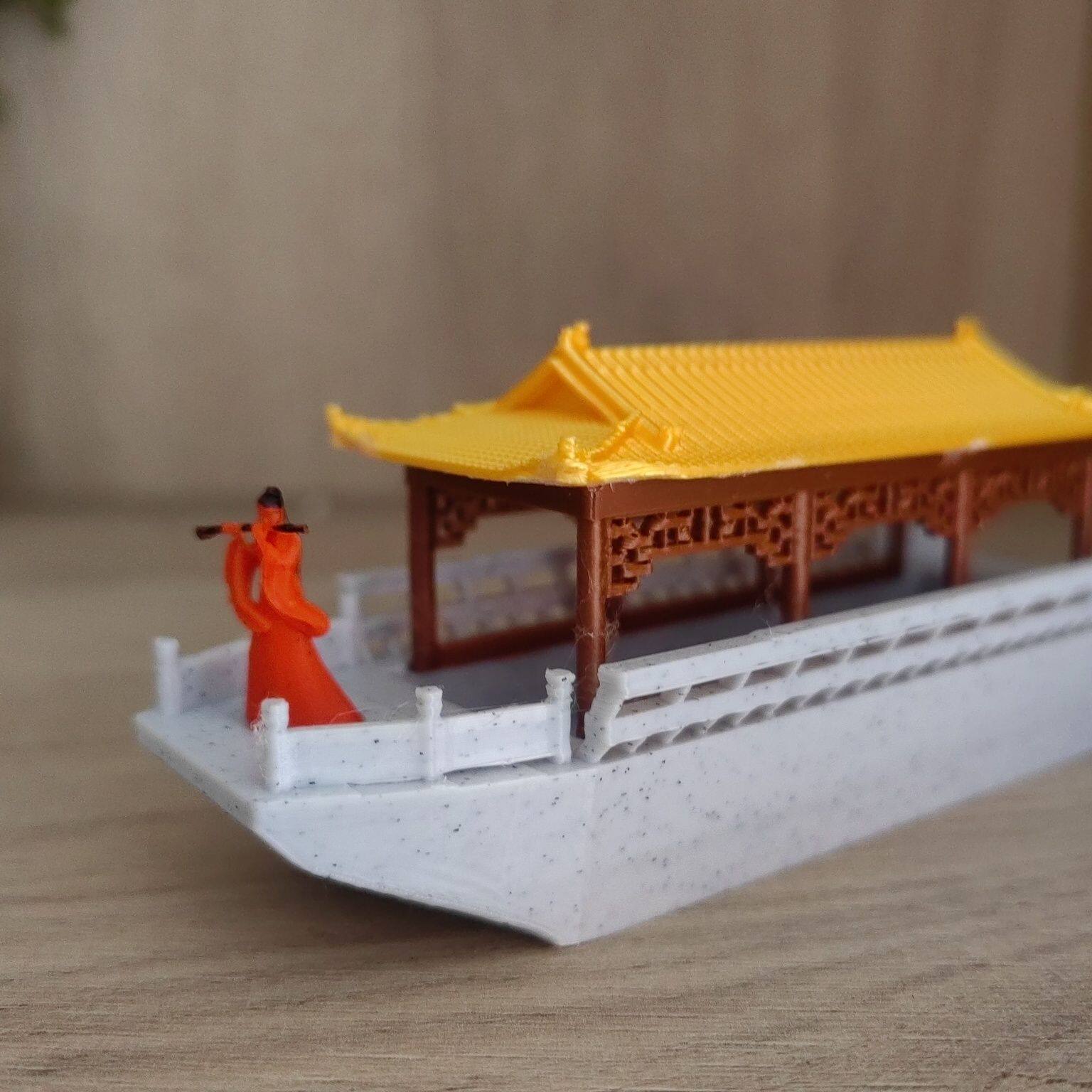 微型古人风摆件树脂白模李白杜甫山石盆景漂浮小船画舫可金顶鱼缸