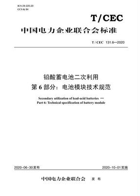 【按需印刷】T/CEC 131.6—2020 铅酸蓄电池二次利用 第6部分：电池模块技术规范