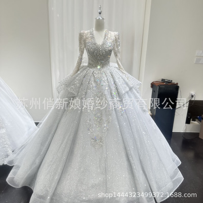 长袖婚纱主纱2024新款新娘高级质感法式轻纱小个子重工大码拖尾