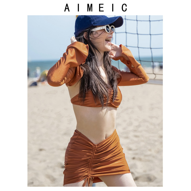 AIMEIC新款抹胸式泳衣女褶皱抽绳短裙性感辣妹裙式比基尼三件套