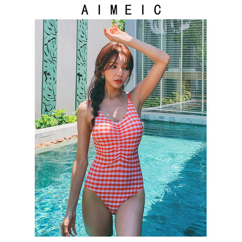 AIMEIC新款格子显瘦遮肚性感三角连体泳衣女温泉度假沙滩游泳装