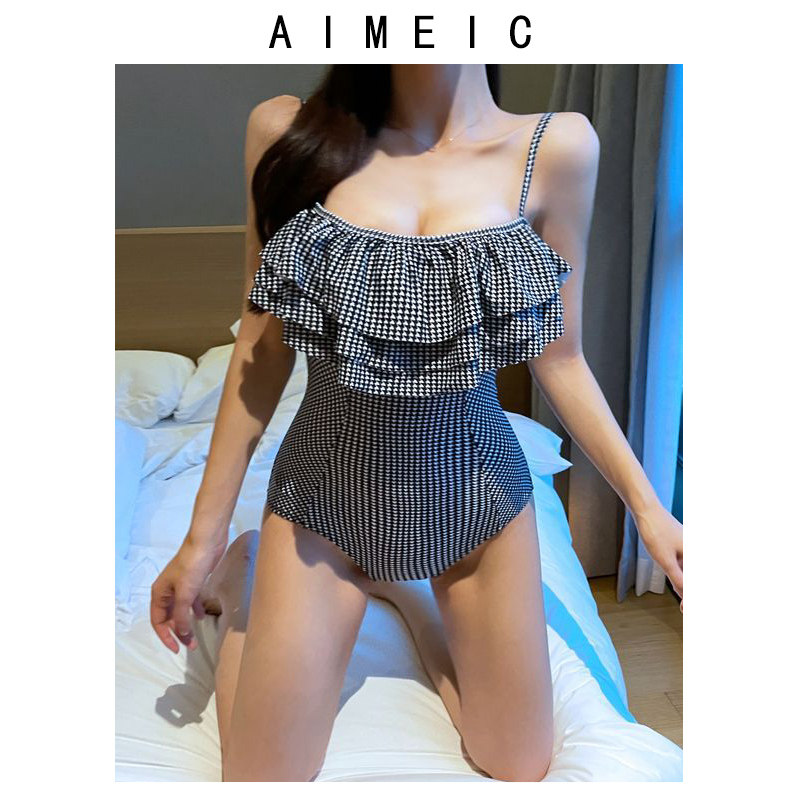 AIMEIC新款荷叶边格子印花连体度假泳衣聚胸性感露背修身显瘦泳装