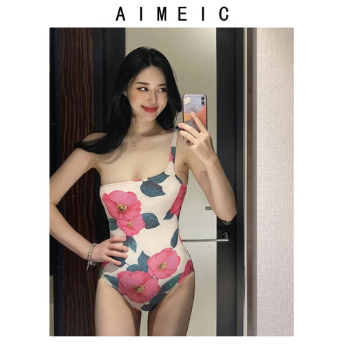 AIMEIC度假新款花朵印花单肩连体泳衣小胸聚拢显瘦遮肚性感游泳装