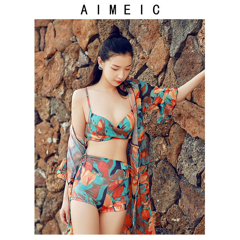AIMEIC新款印花长袖防晒外披分体比基尼泳装女带钢托泳衣三件套
