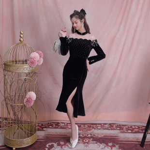 黑色丝绒性感开叉改良旗袍版 槿爷 新款 2024年秋装 连衣裙女 巫山云