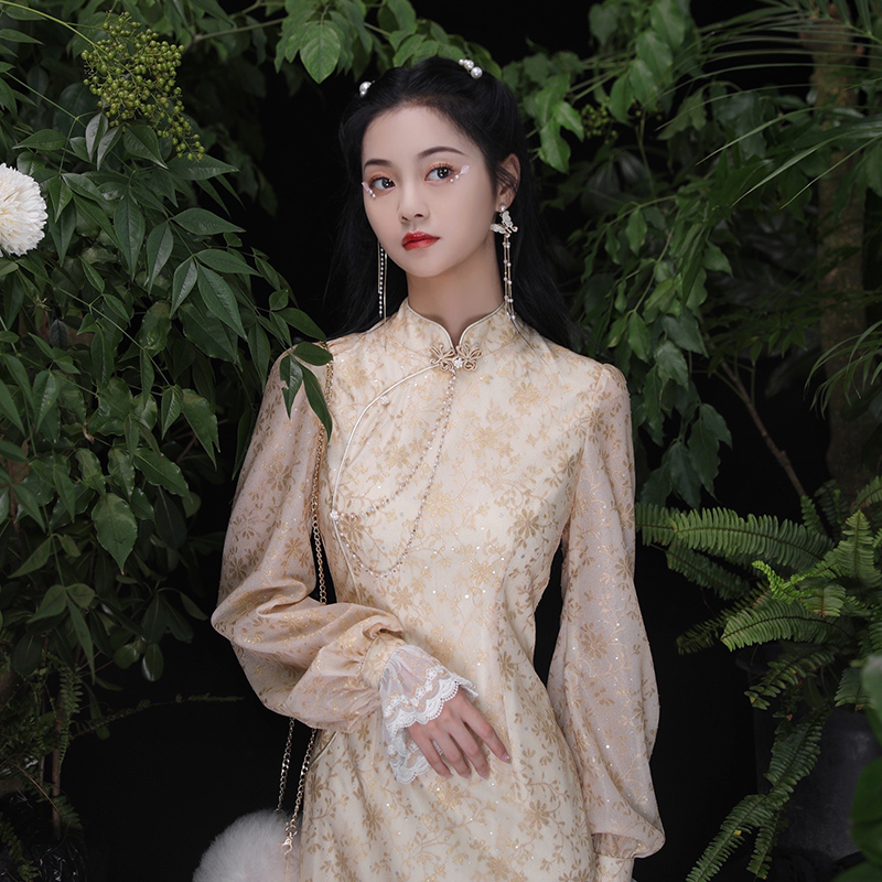 槿珍珠蕾丝长袖改良旗袍