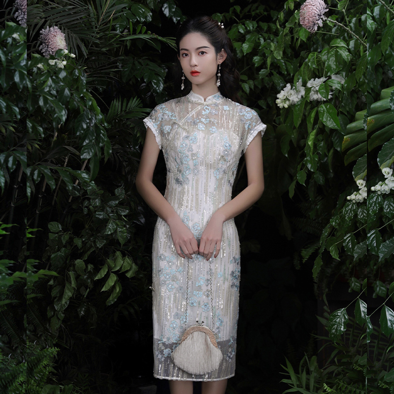 槿爷曲水花序连衣裙改良旗袍