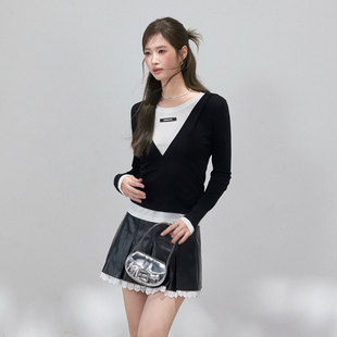 XIWA欧洲站新品 撞色连帽上衣女 南油高端假两件V领针织衫 拼接长袖
