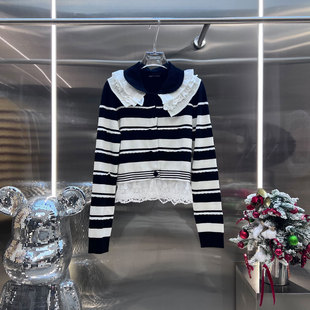 XIWA欧洲站新品千金风黑白撞色毛衣蕾丝花边娃娃领条纹针织开衫女