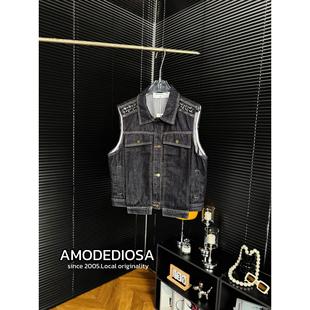 南油高端钉珠铆钉牛仔马甲百搭洋气背心马夹外套女 XIWA欧洲站新品