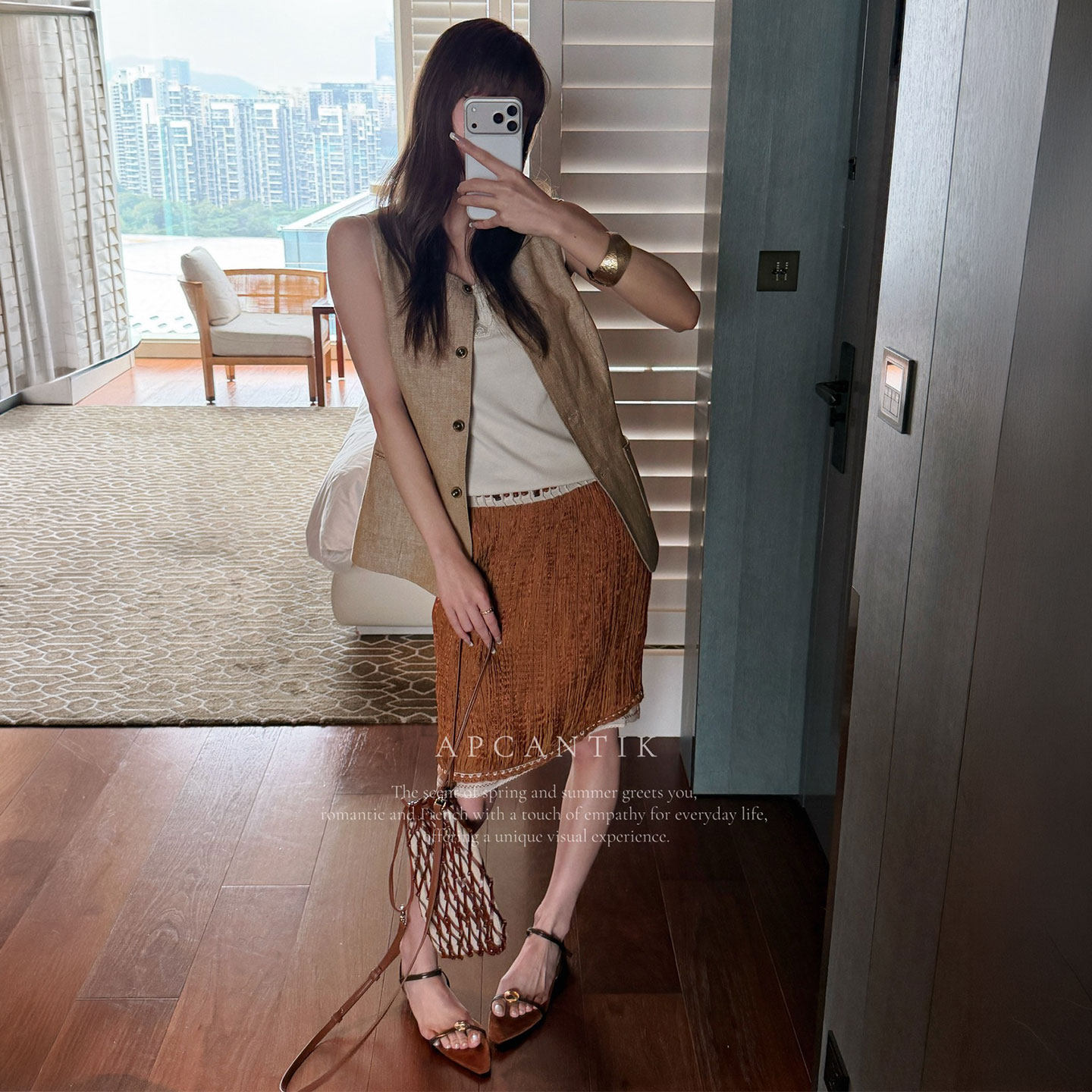 XIWA欧洲站新品深圳南油苎麻设计感马甲压褶层次感减龄半身裙套装