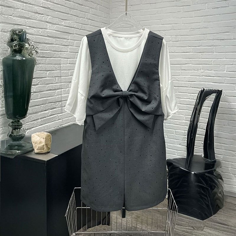 XIWA欧洲站新品英伦风南油减龄百搭裙子圆领短袖蝴蝶结背带裙套装